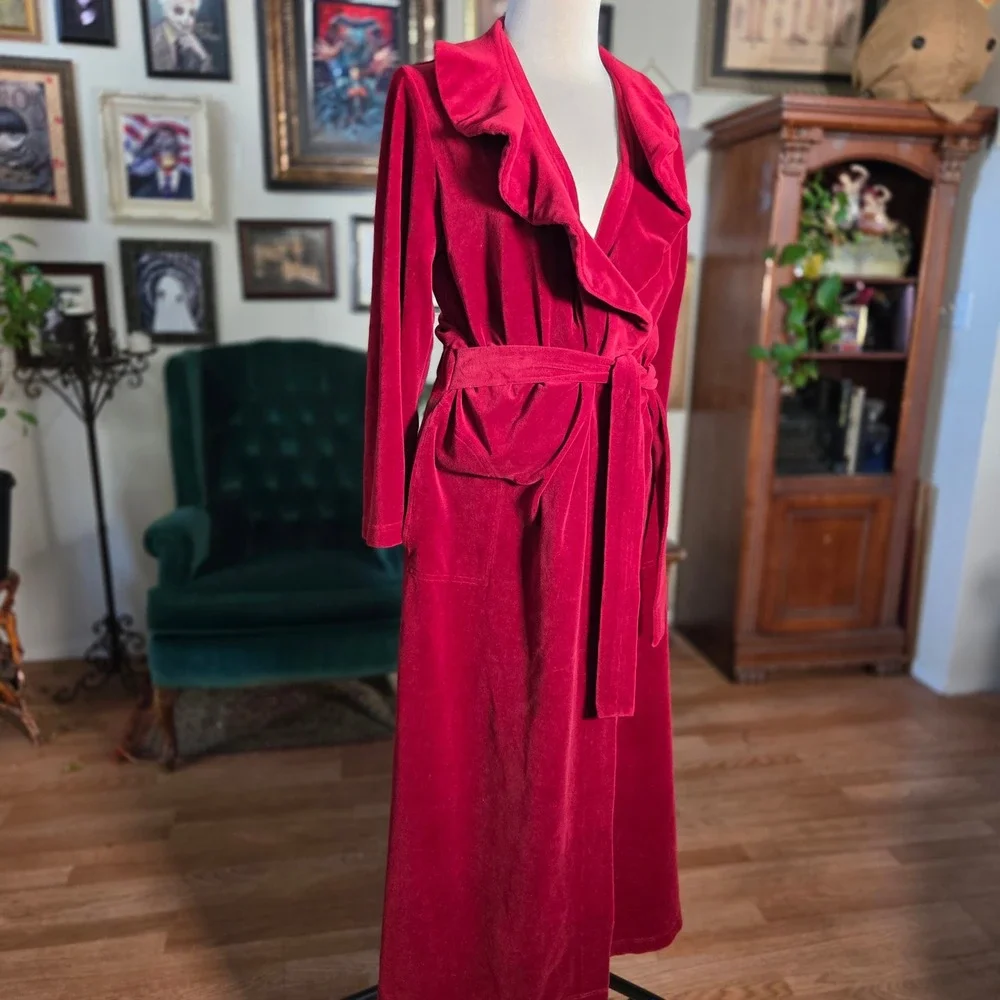 Vintage 80s Diamond Tea Red Velvet Robe Ruffle Collar‎ Long Dress Gown Robe